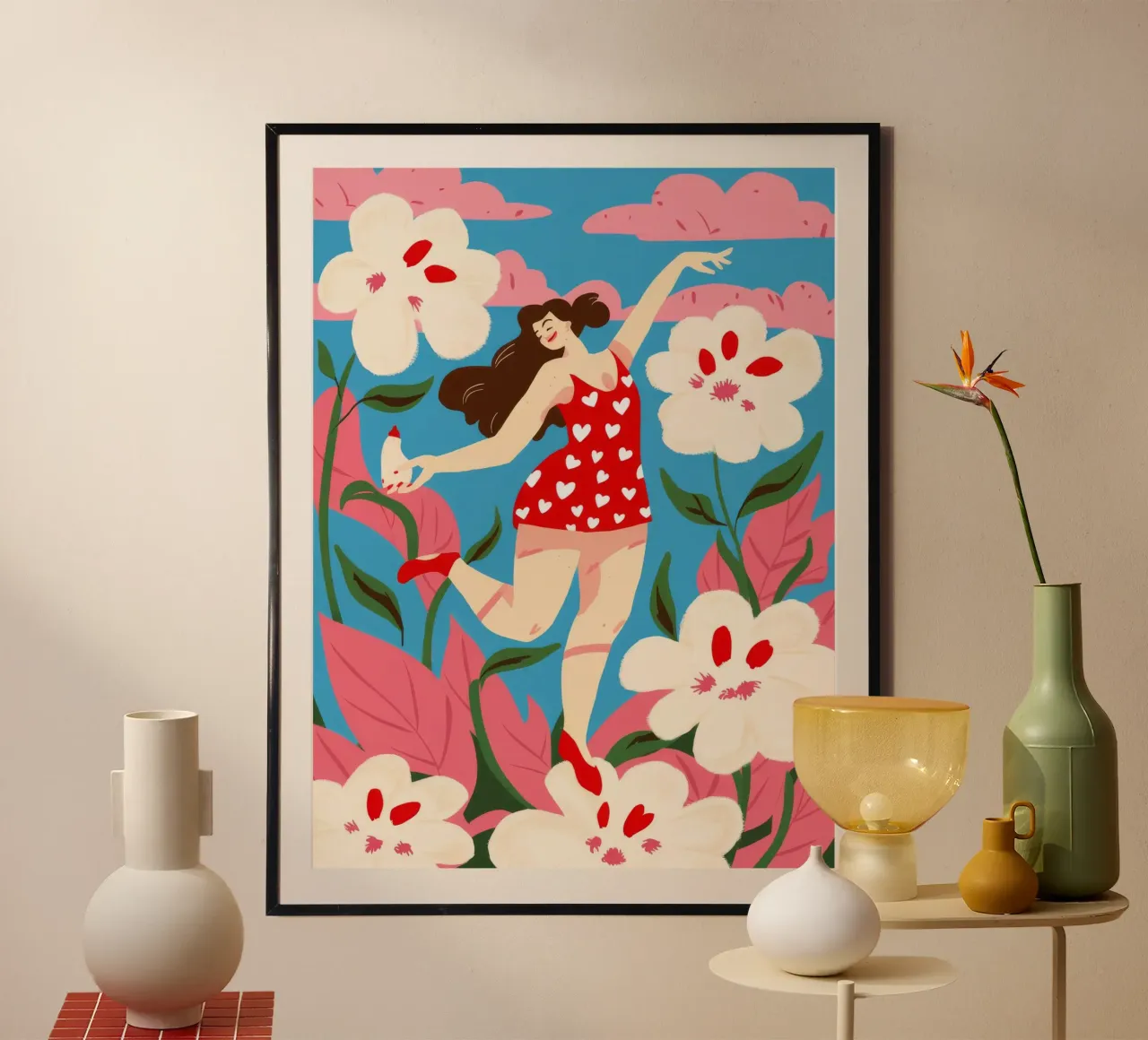 Vreugdevolle bloemendans poster met kunststof frame van Ivory Frame