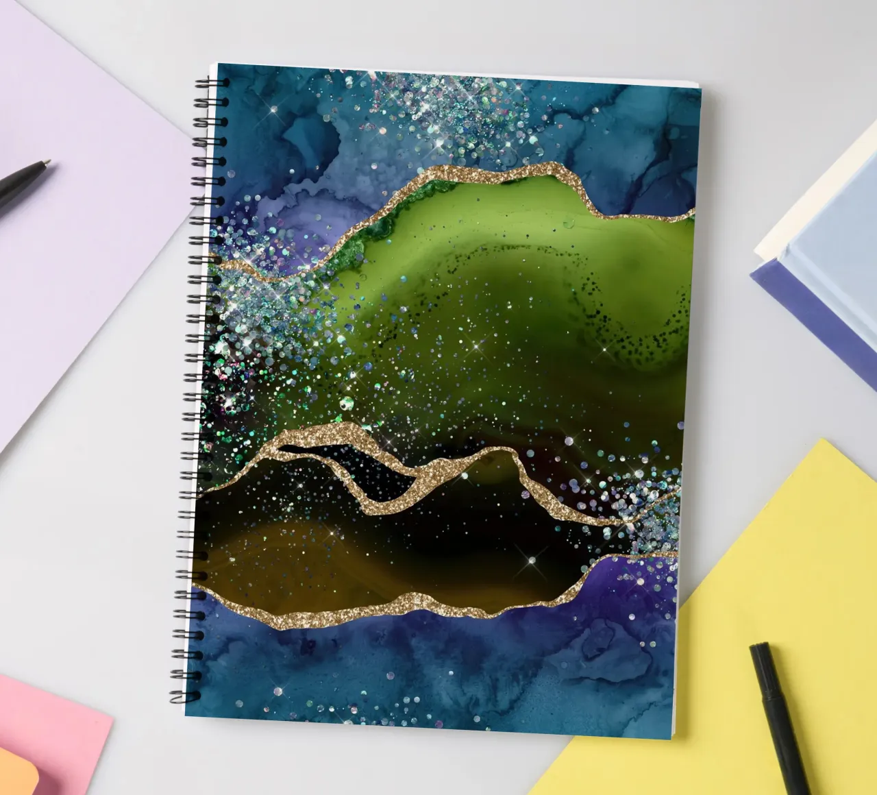 Peacock Glitter Agate Texture 05 spiral notebook by Gemstone Textures