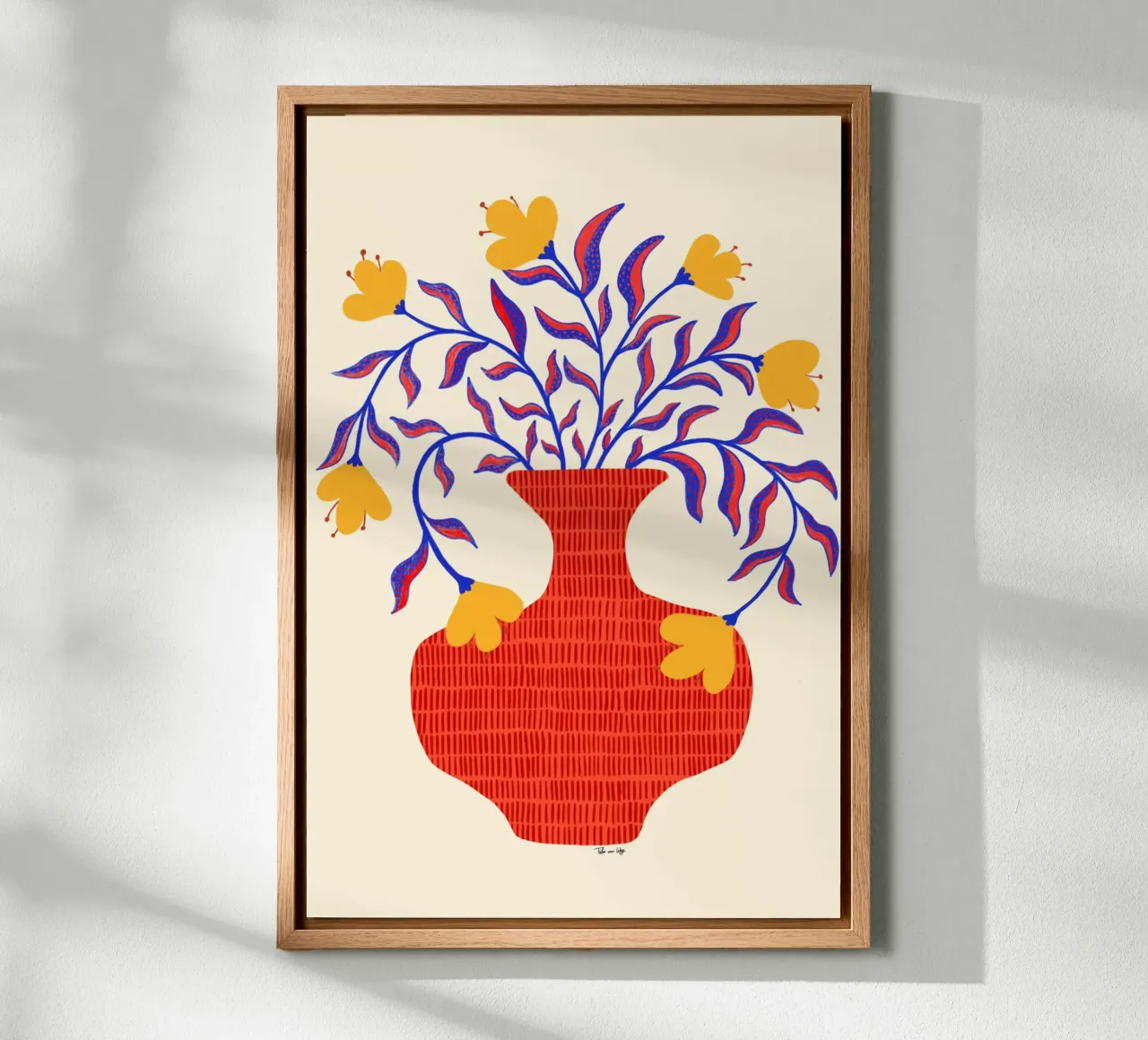 Gelbe Blumen in roter Vase. tela con Cornice a cassetta da Tida vom Weg