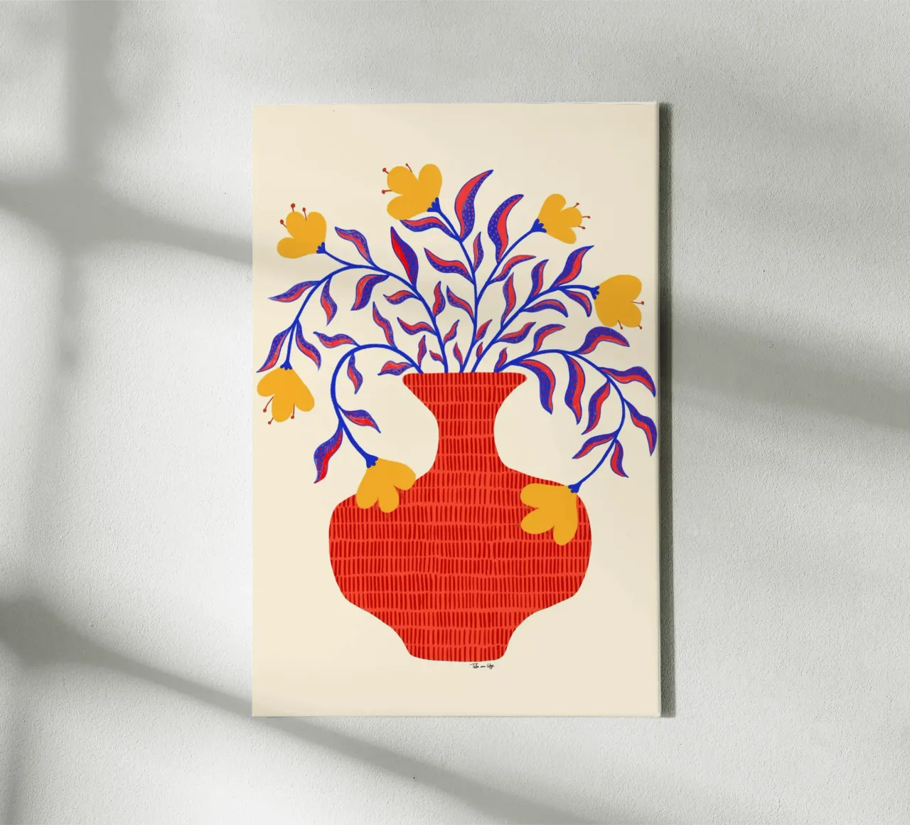 Gelbe Blumen in roter Vase. tela con Cornice a cassetta da Tida vom Weg