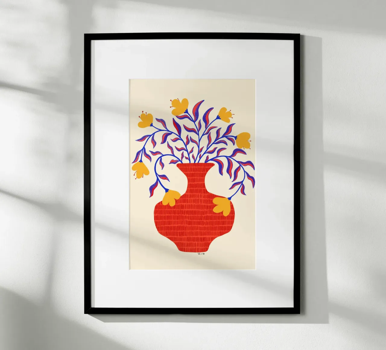 Gelbe Blumen in roter Vase. carta hahnemühle da Floral by Tida