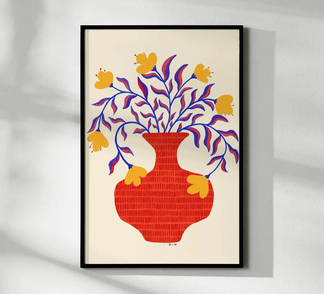 Gelbe Blumen in roter Vase. carta hahnemühle da Floral by Tida