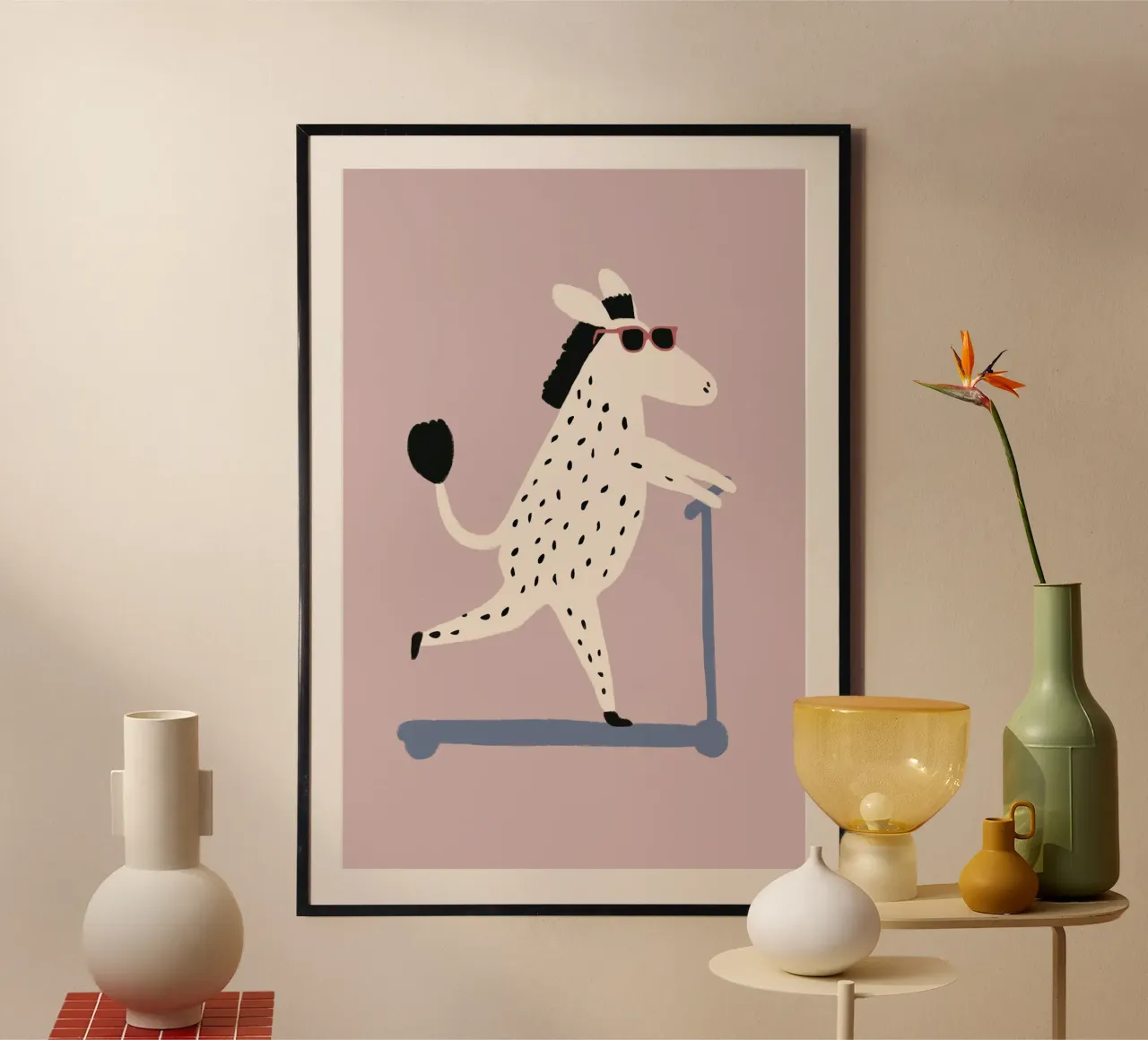 Zebra sul monopattino, poster per bambini, poster per bambini, arte murale per la cameretta poster con telaio in plastica da Little Lola