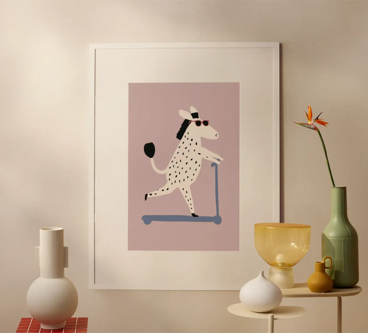 Zebra sul monopattino, poster per bambini, poster per bambini, arte murale per la cameretta poster con telaio in plastica da Little Lola