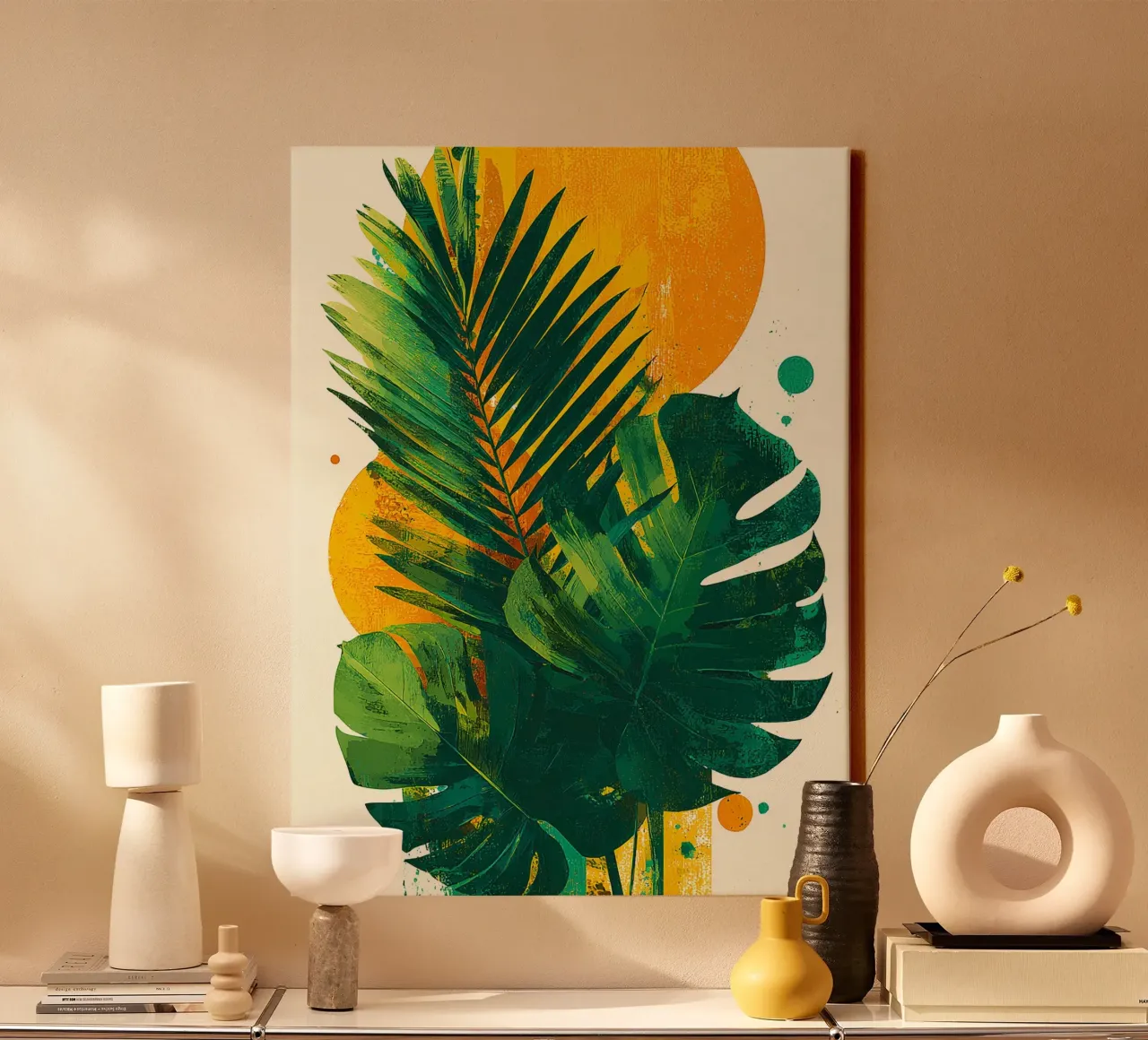 Leaves Tropical Palm Monstera A canvas met Baklijst van Mateo