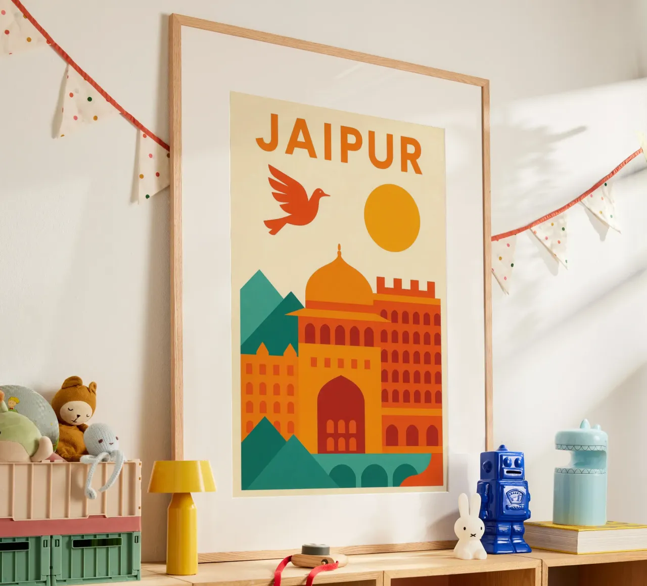 Jaipur, volo arancione sulla città rosa poster con telaio in alluminio da JETLAG | affiches voyage