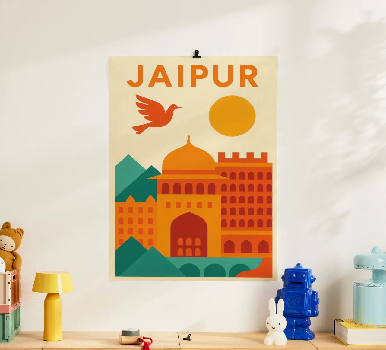 Jaipur, volo arancione sulla città rosa poster con telaio in alluminio da JETLAG | affiches voyage