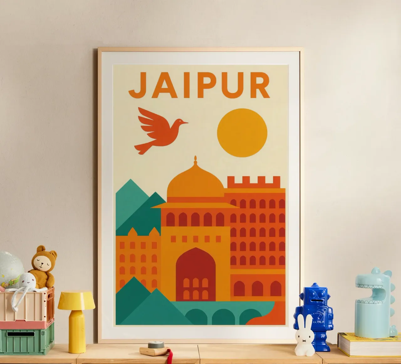 Jaipur, volo arancione sulla città rosa poster con telaio in alluminio da JETLAG | affiches voyage