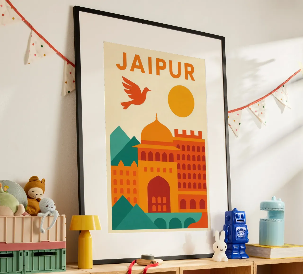 Jaipur, volo arancione sulla città rosa poster con telaio in alluminio da JETLAG | affiches voyage