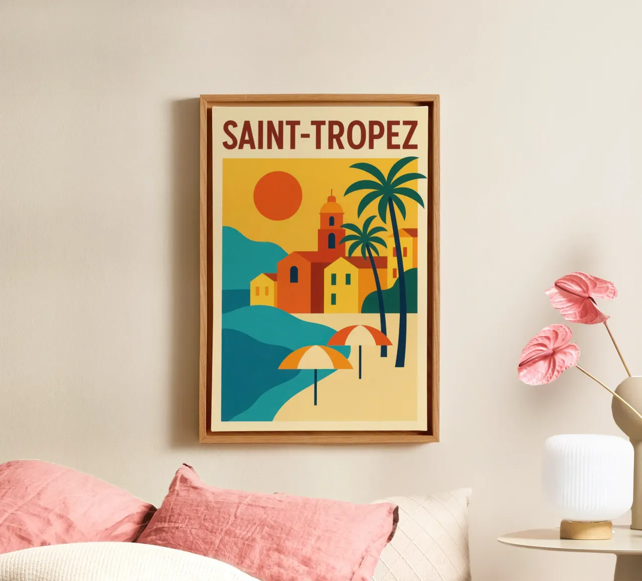Saint-Tropez - Sole, palme e dolce vita tela con Cornice a cassetta da JETLAG | affiches voyage