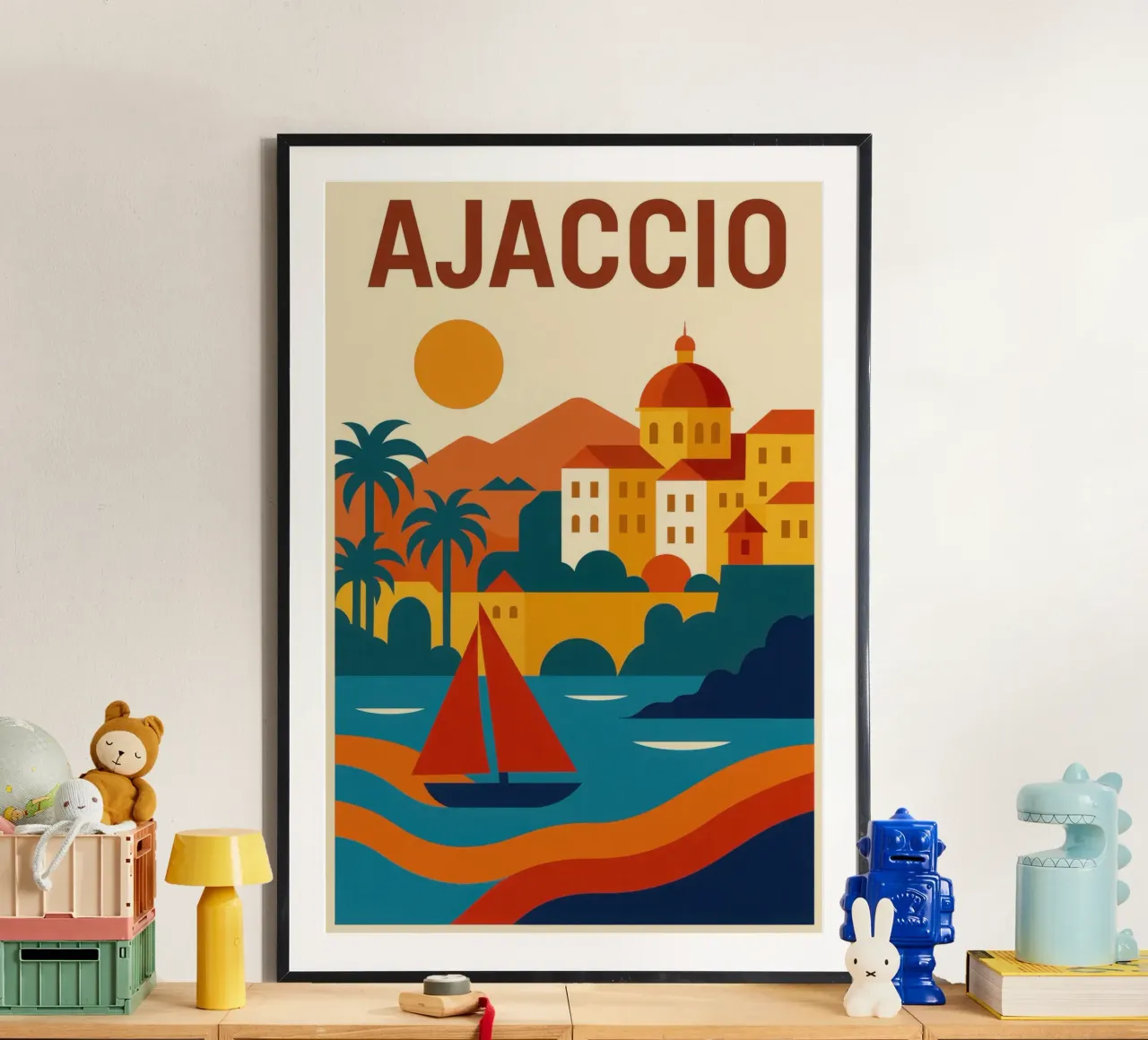 Ajaccio - Il mare, la pietra e il fuoco del sole poster con telaio in plastica da JETLAG | affiches voyage