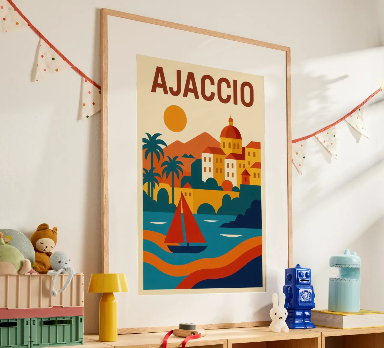 Ajaccio - Il mare, la pietra e il fuoco del sole poster con telaio in plastica da JETLAG | affiches voyage