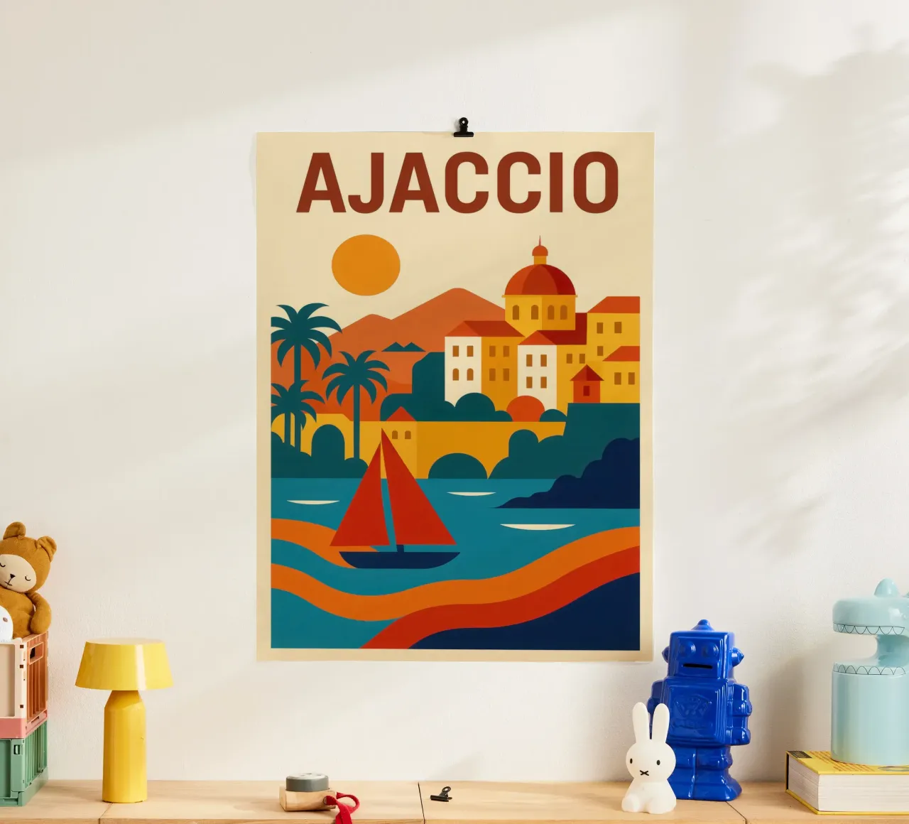 Ajaccio - Il mare, la pietra e il fuoco del sole poster con telaio in plastica da JETLAG | affiches voyage