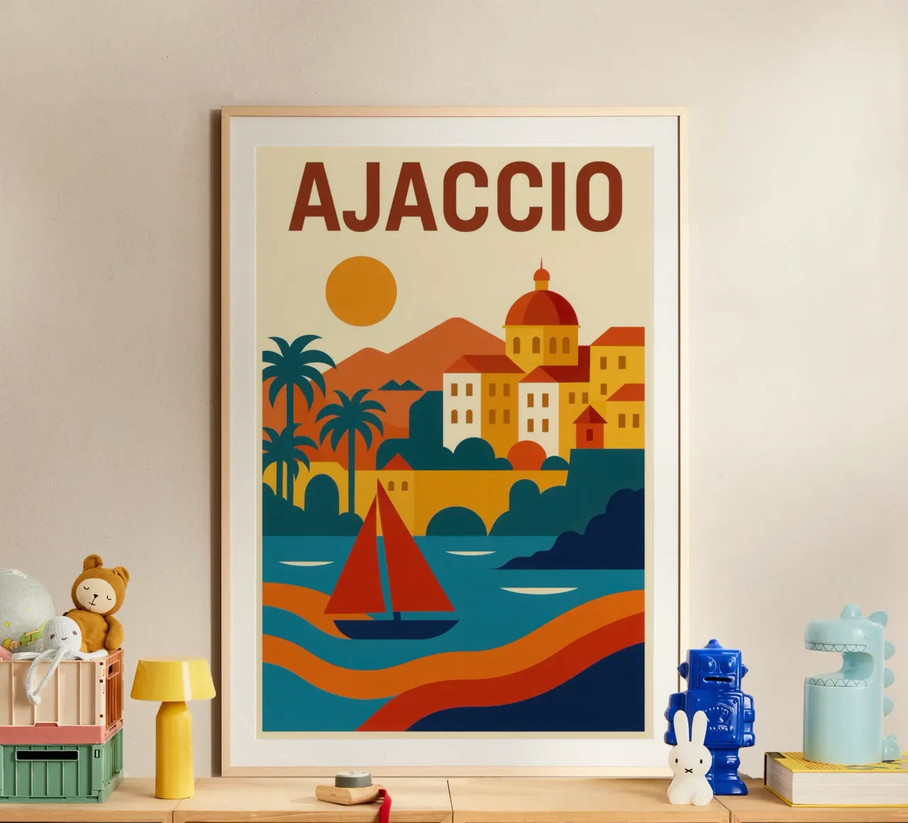 Ajaccio - Il mare, la pietra e il fuoco del sole poster con telaio in plastica da JETLAG | affiches voyage