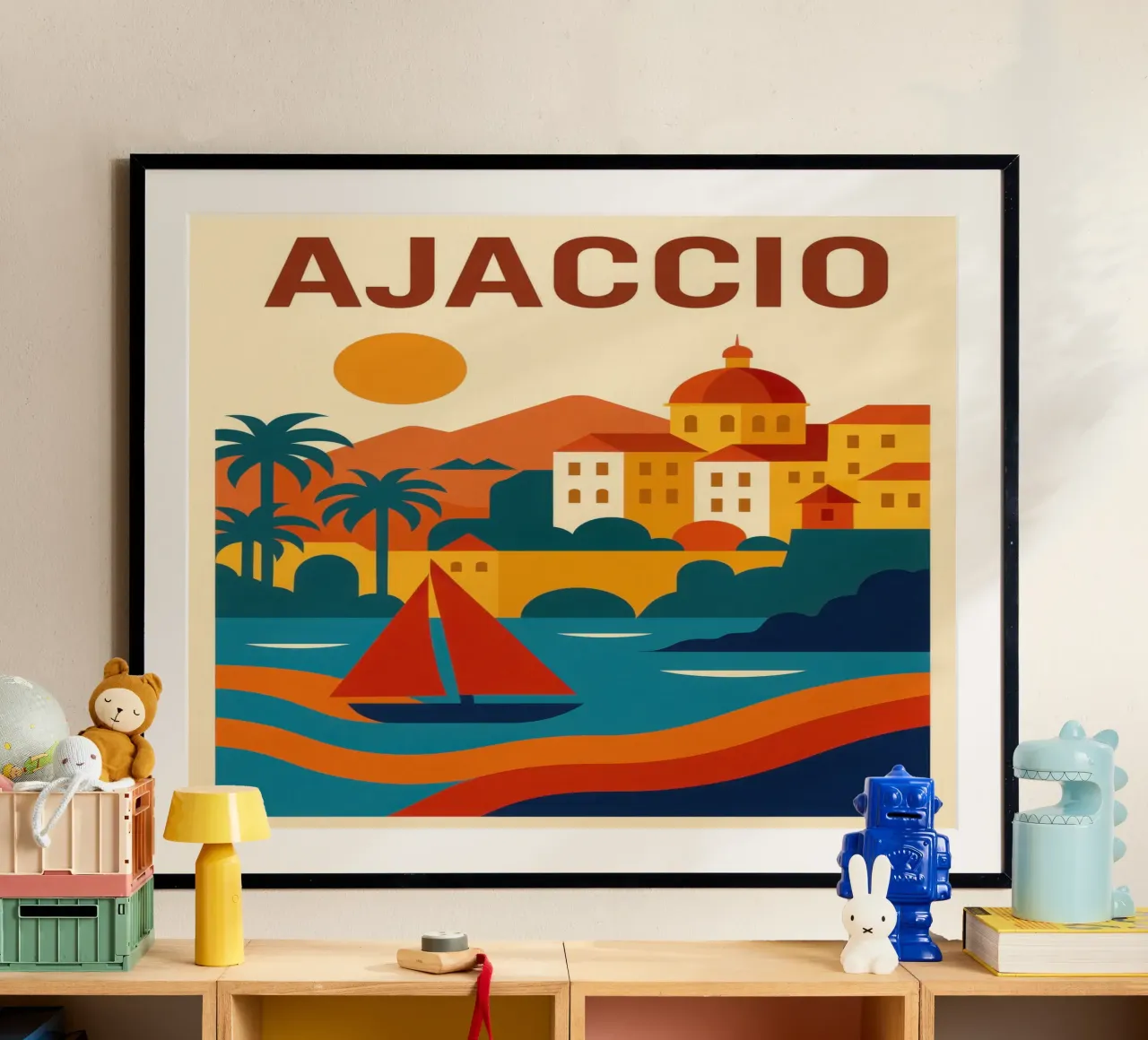 Ajaccio - Il mare, la pietra e il fuoco del sole poster con telaio in plastica da JETLAG | affiches voyage
