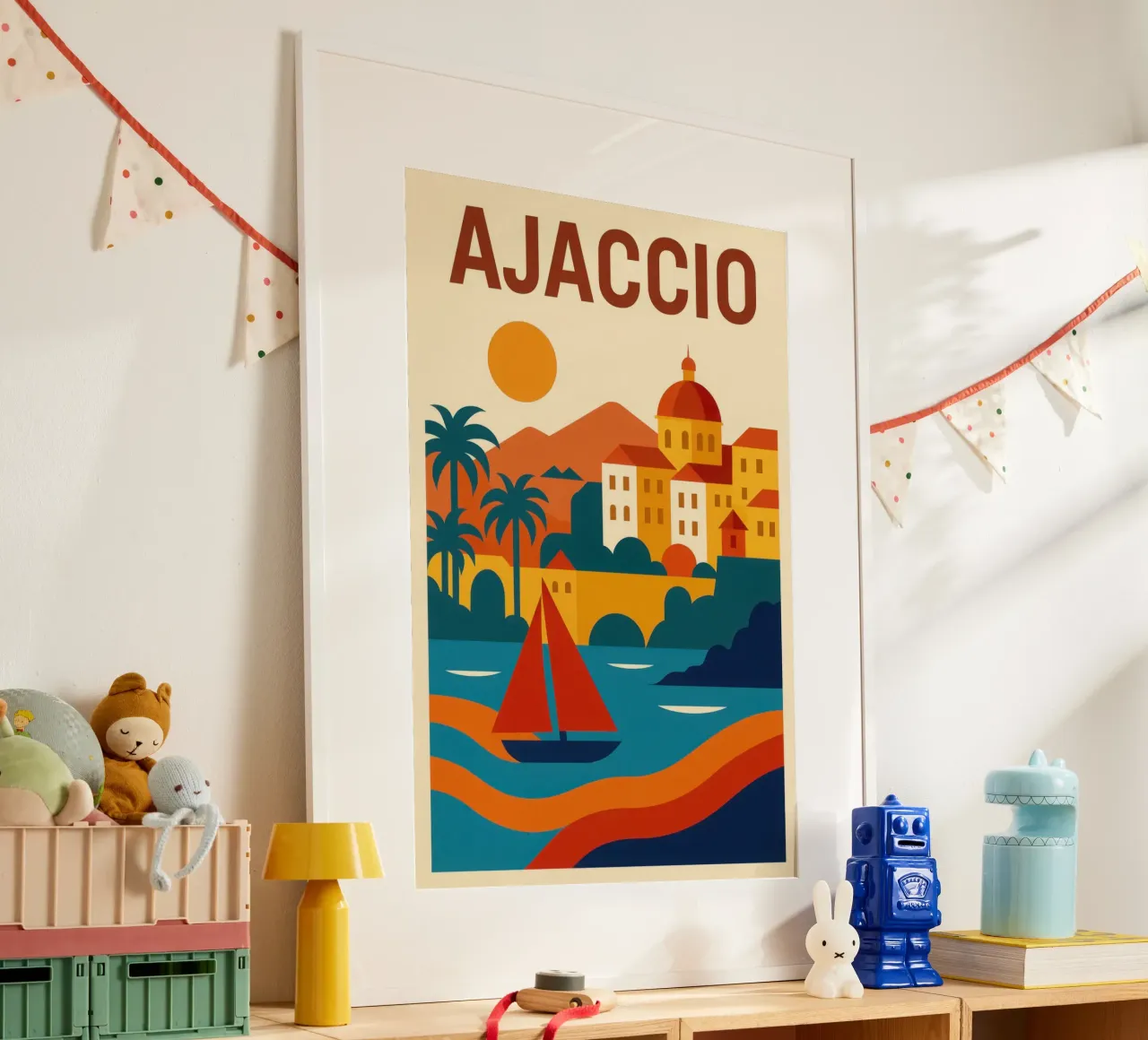 Ajaccio - Il mare, la pietra e il fuoco del sole poster con telaio in plastica da JETLAG | affiches voyage
