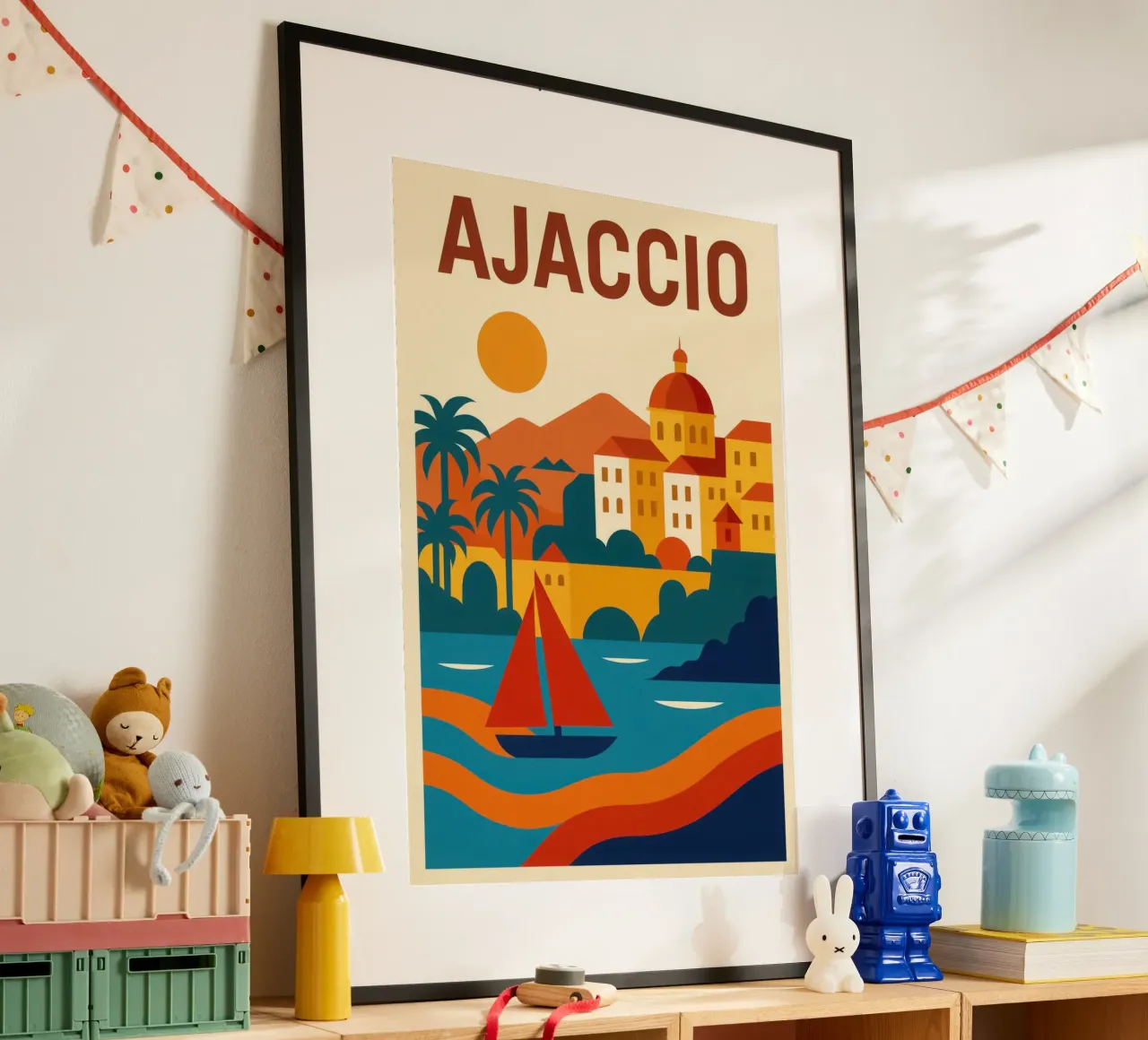 Ajaccio - Il mare, la pietra e il fuoco del sole poster con telaio in plastica da JETLAG | affiches voyage