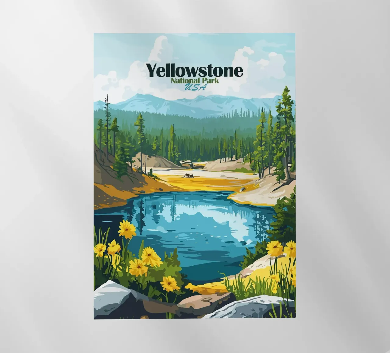Yellowstone-Nationalpark See Nadelbäume Berge Backlit Folie von Kirsten C Nolan