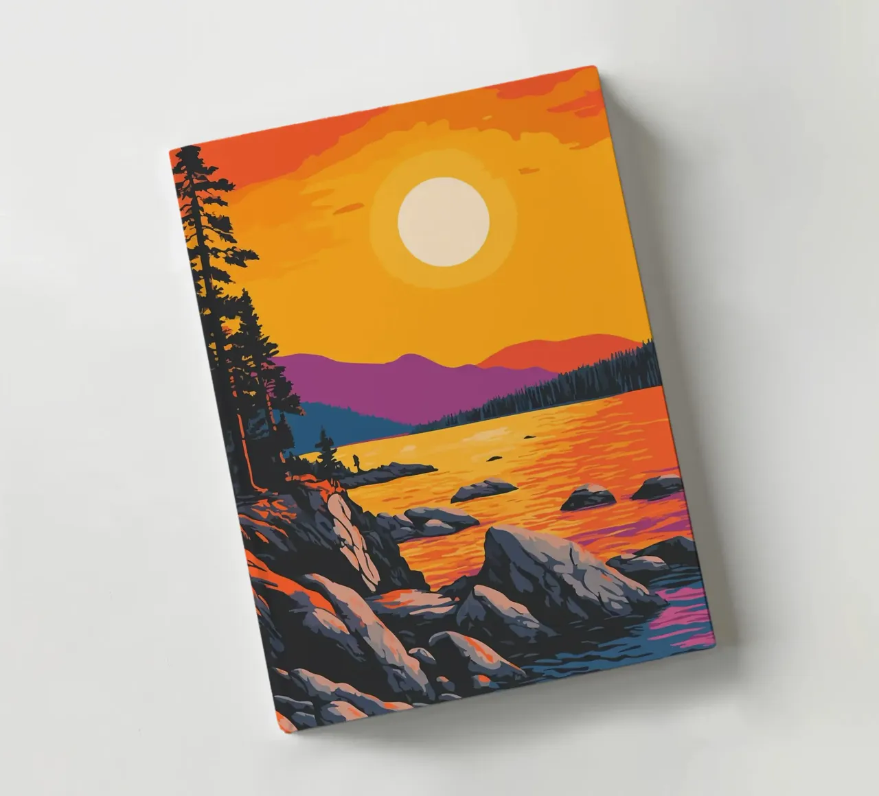 sunset lake rocky-shore pine-trees notebook by James Isaac Jackson
