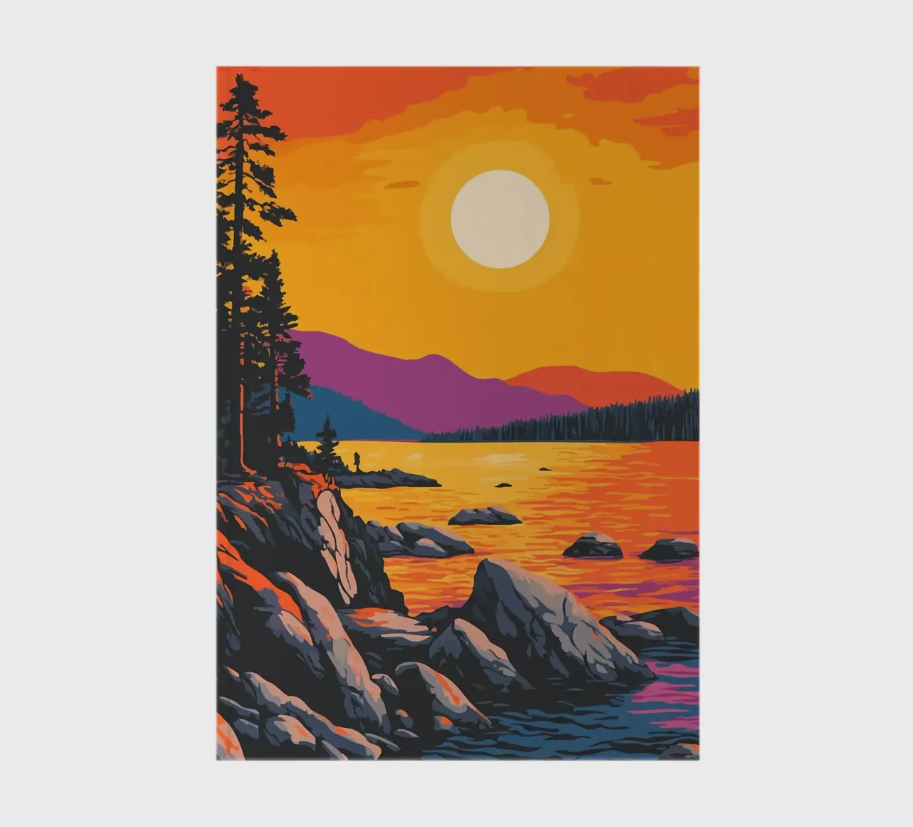 sunset lake rocky-shore pine-trees notebook by James Isaac Jackson