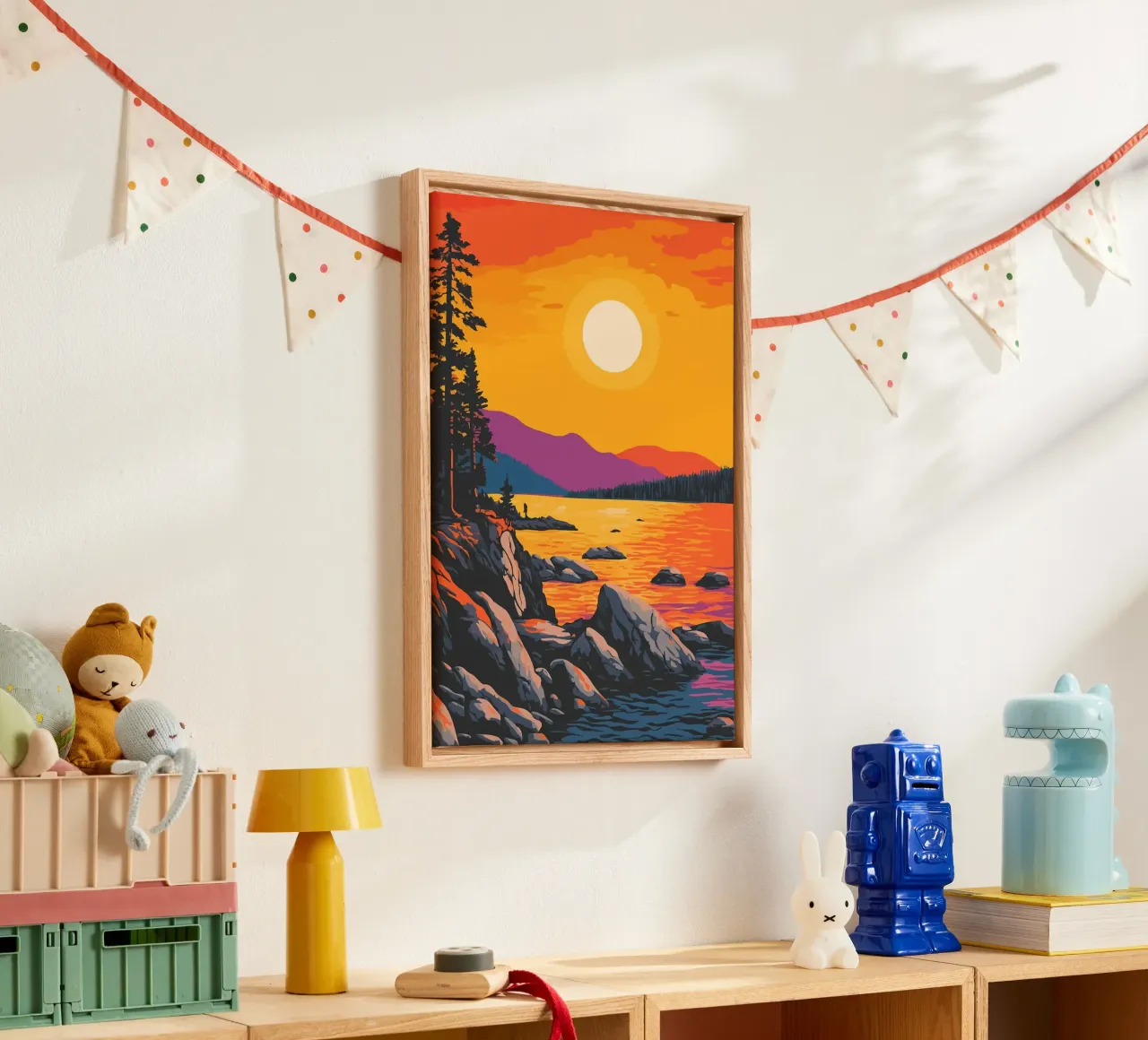 zonsondergang meer rotskust pijnbomen canvas met Baklijst van James Isaac Jackson