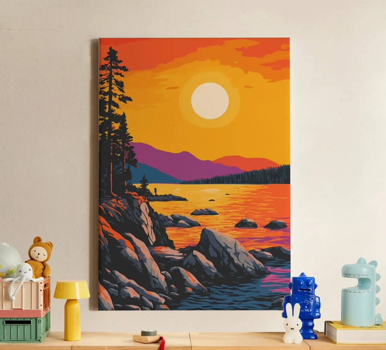 zonsondergang meer rotskust pijnbomen canvas met Baklijst van James Isaac Jackson