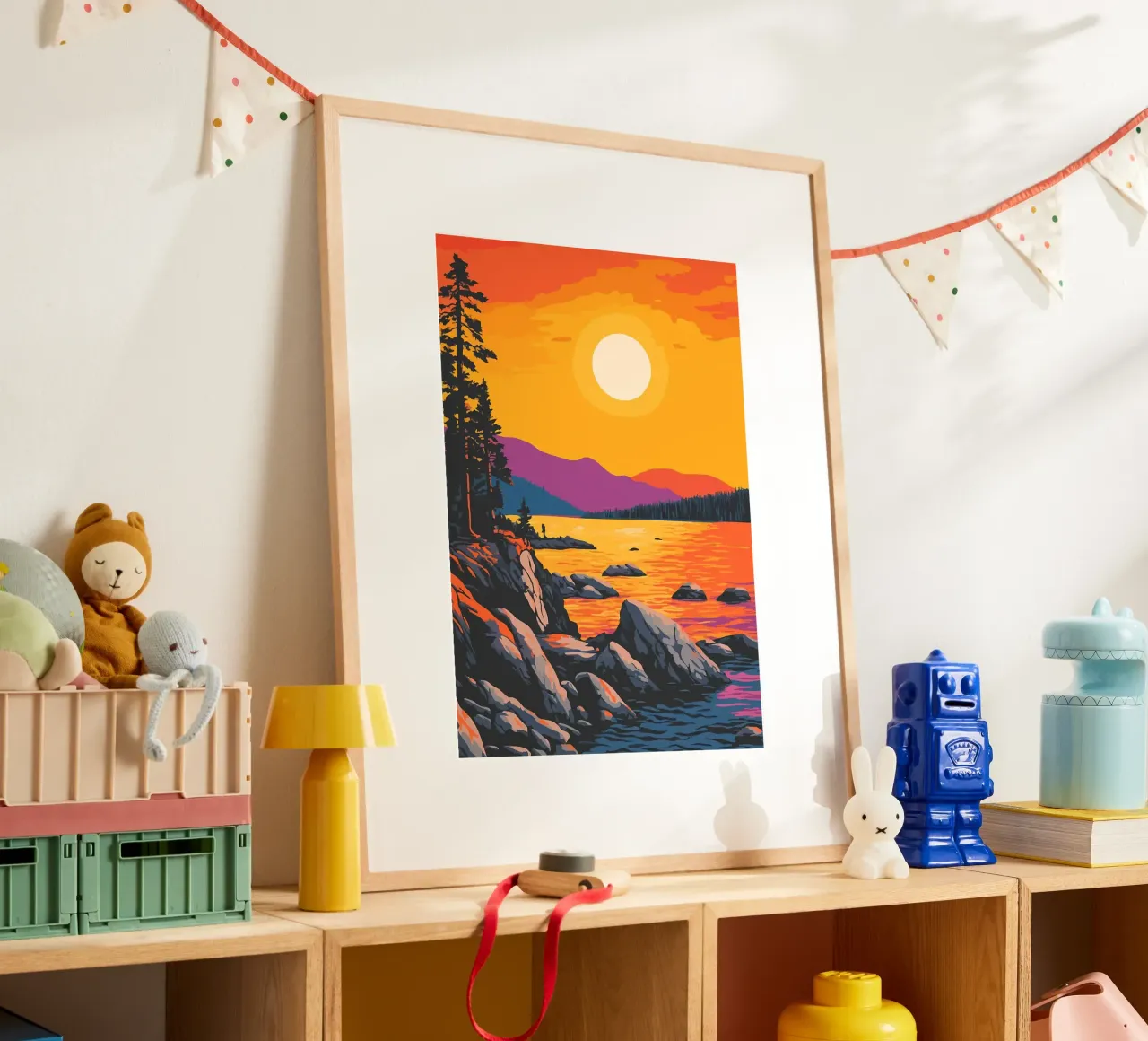 tramonto lago riva rocciosa pini poster con telaio in alluminio da James Isaac Jackson