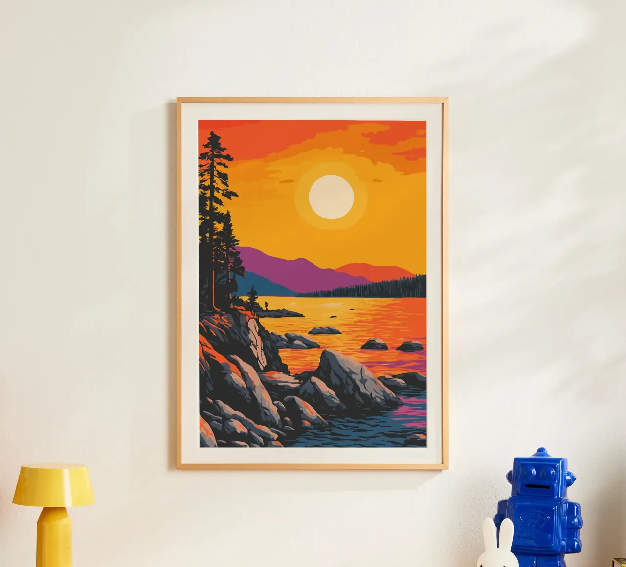 tramonto lago riva rocciosa pini poster con telaio in alluminio da James Isaac Jackson