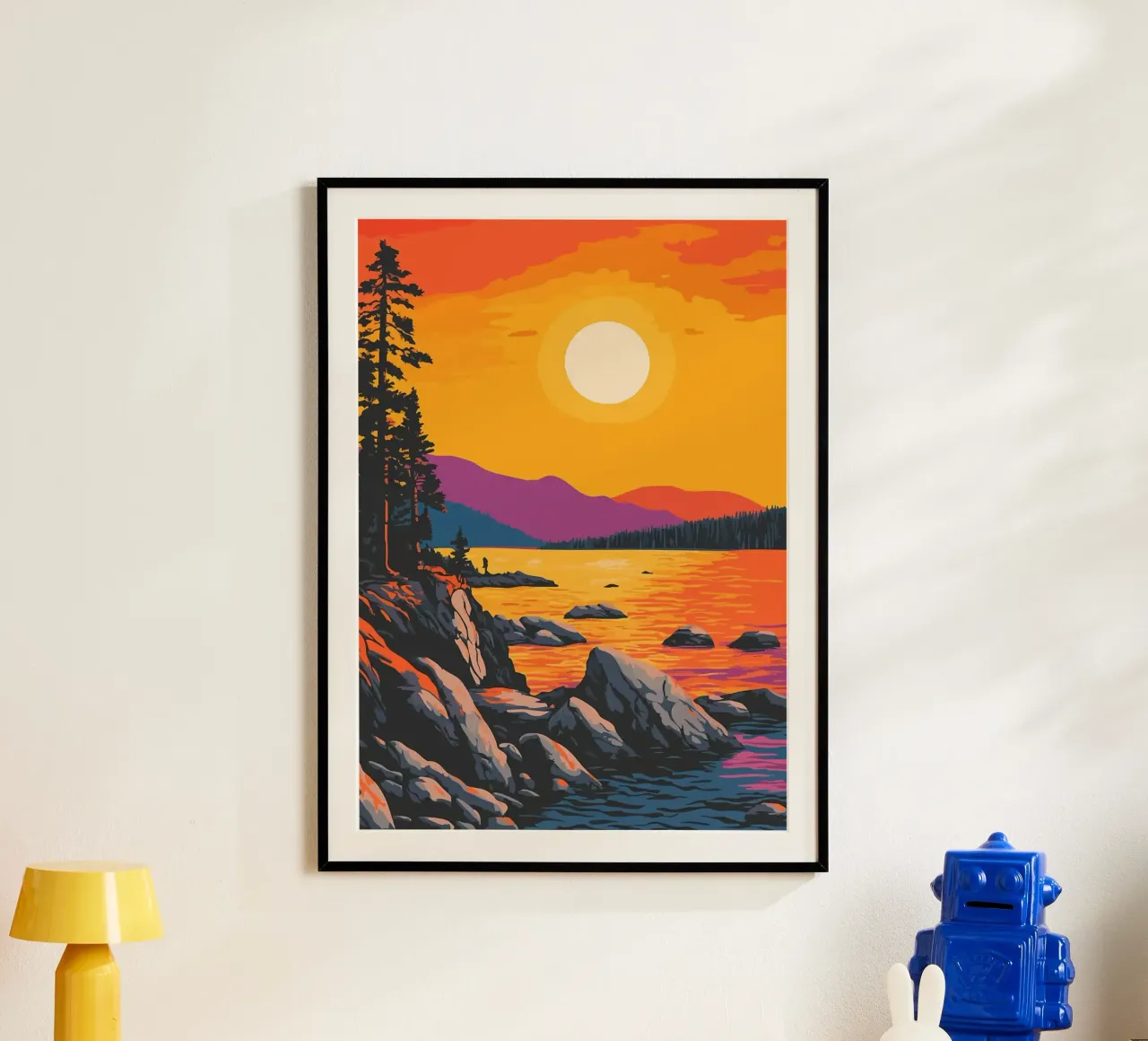 tramonto lago riva rocciosa pini poster con telaio in alluminio da James Isaac Jackson