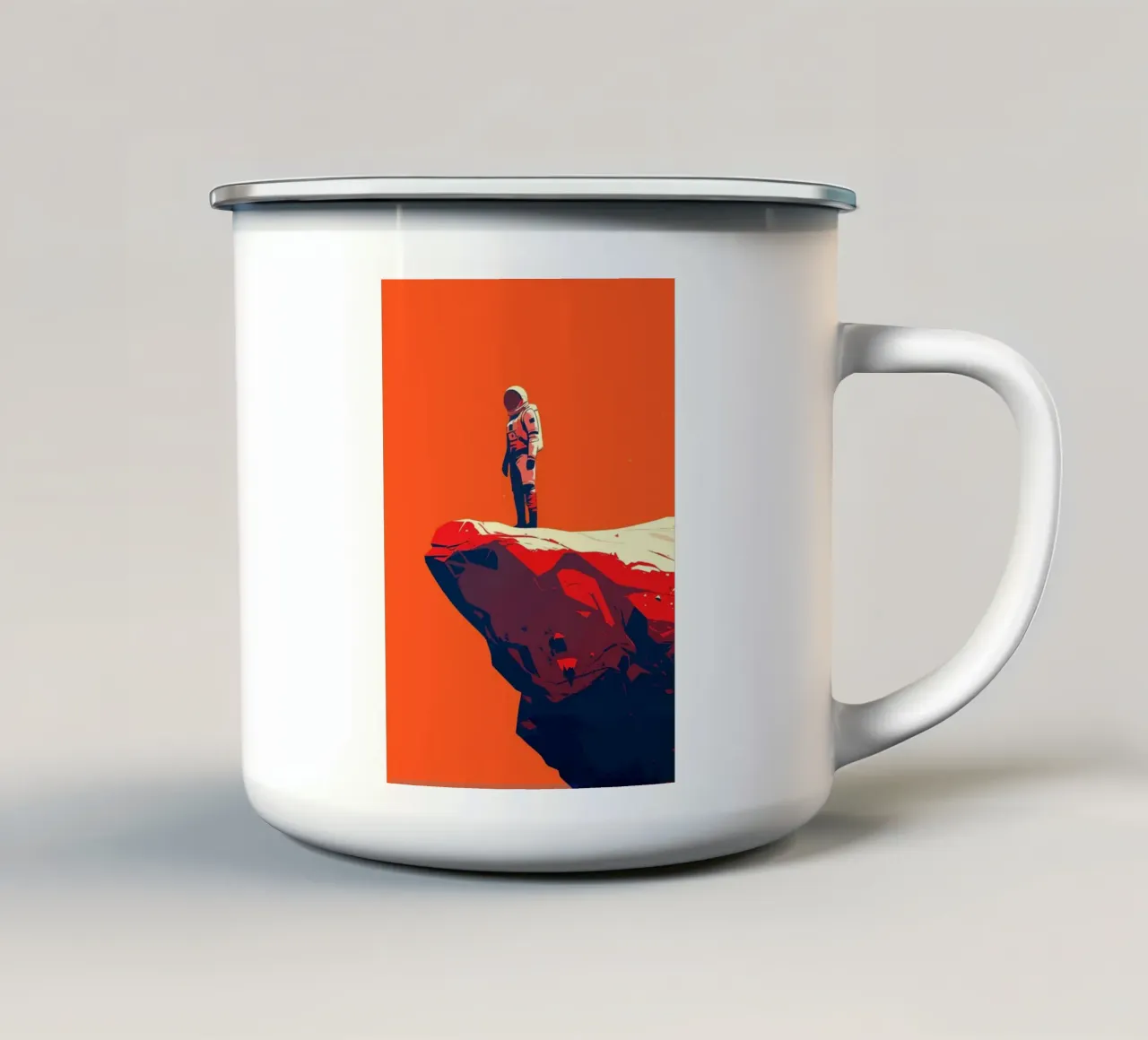 astronauta spazio roccia scogliera tazza in smalto da James Isaac Jackson