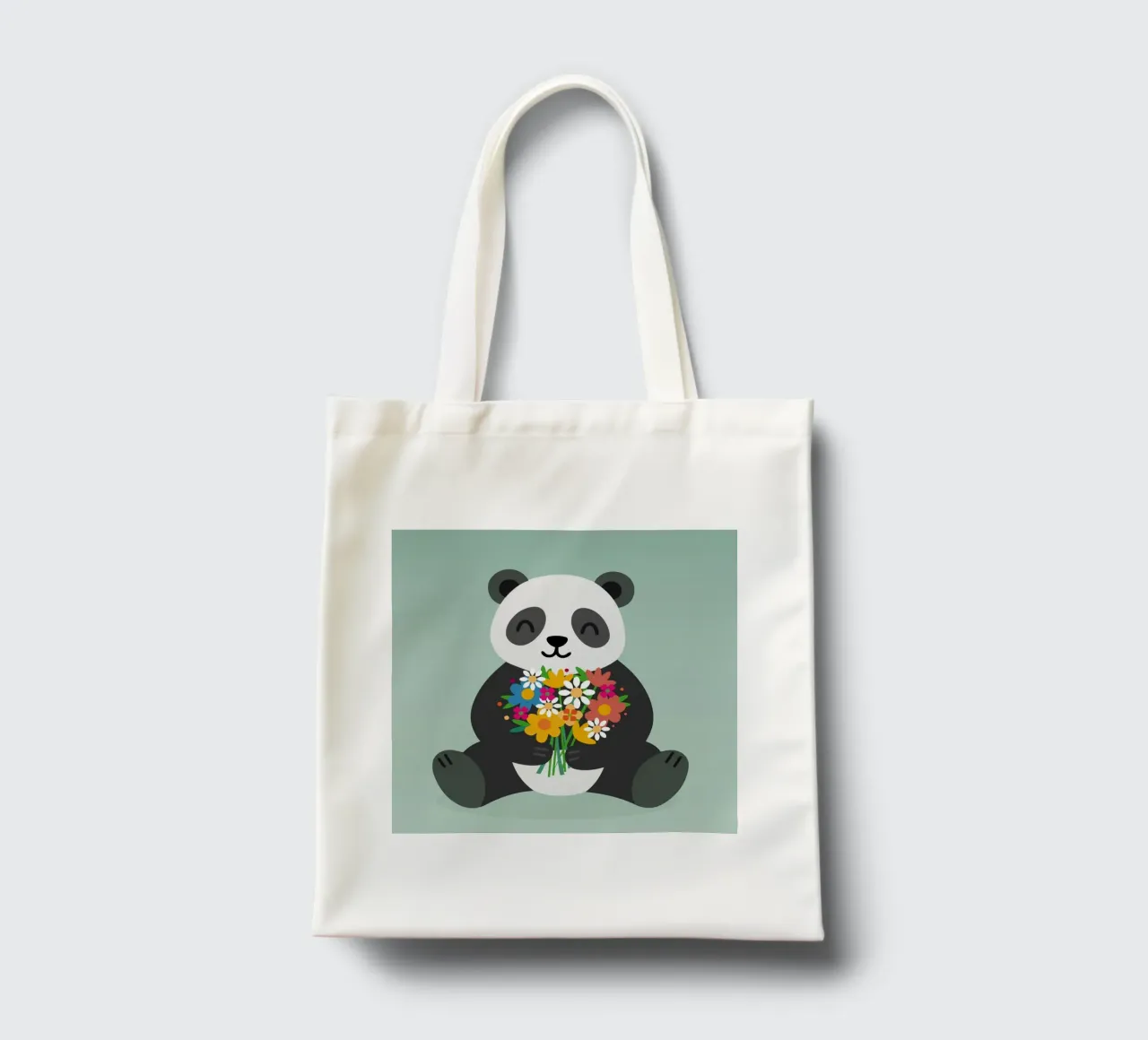 Allegro panda con bouquet di fiori - Grazioso motivo animale borsa in juta da namosh
