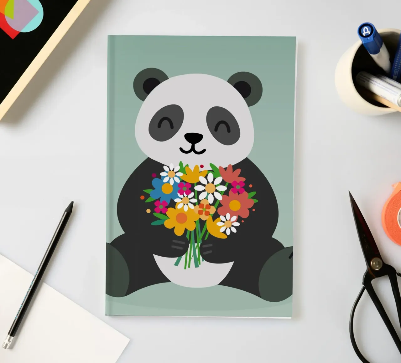 Panda joyeux avec un bouquet de fleurs - Motif animalier affectueux carnet de notes de namosh
