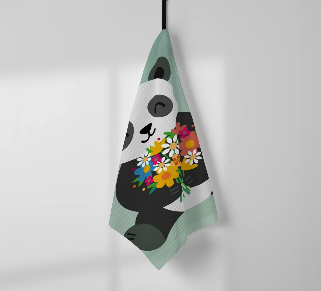 Panda joyeux avec un bouquet de fleurs - Motif animalier affectueux torchon de namosh
