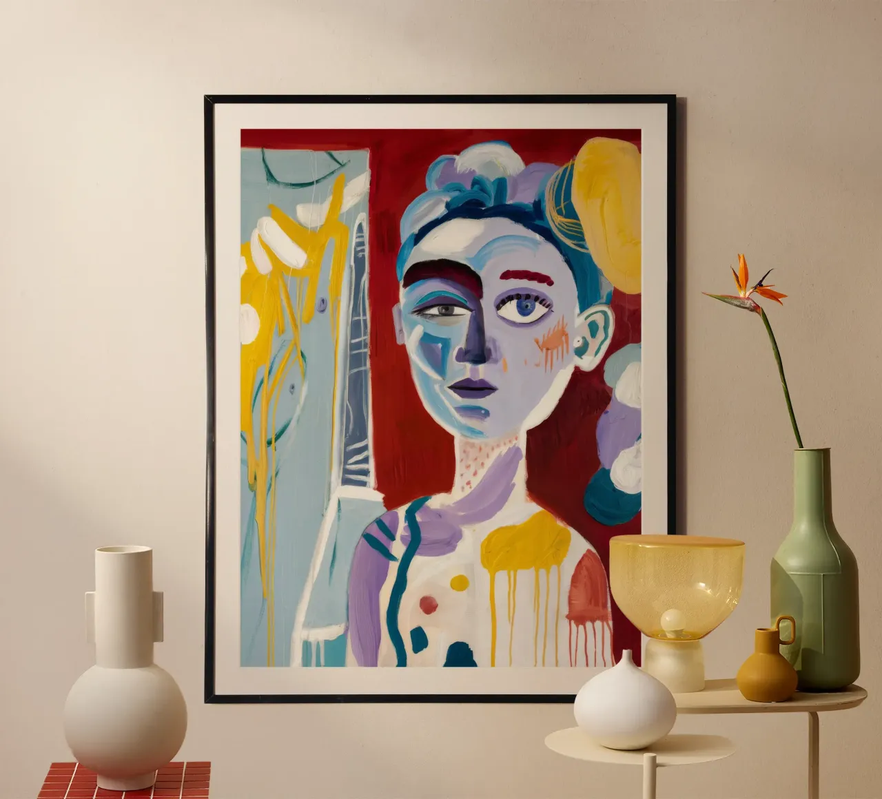 Kleurrijk abstract gezicht poster met kunststof frame van Lunar Templar