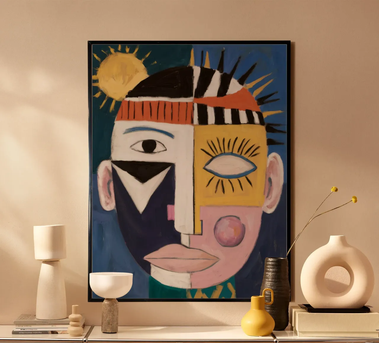 Portrait abstrait coloré poster avec cadre en bois de Lunar Templar