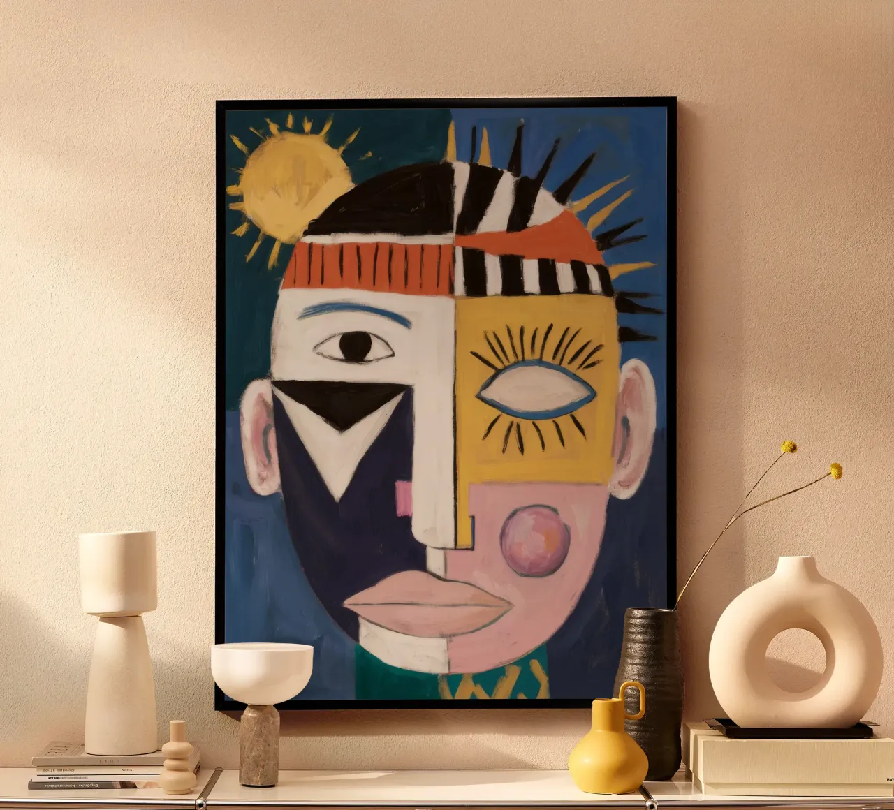 Portrait abstrait coloré poster avec cadre en bois de Lunar Templar