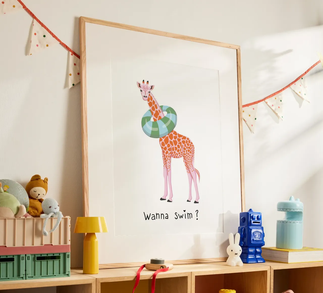 Wanna swim? Giraffe with float poster de Vivdesign