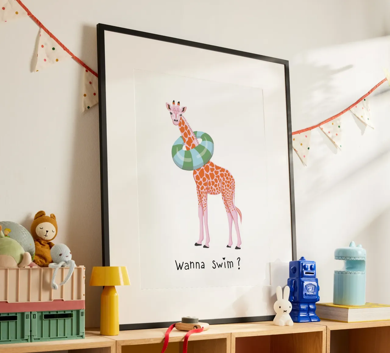 Wanna swim? Giraffe with float carta hahnemühle da Vivdesign