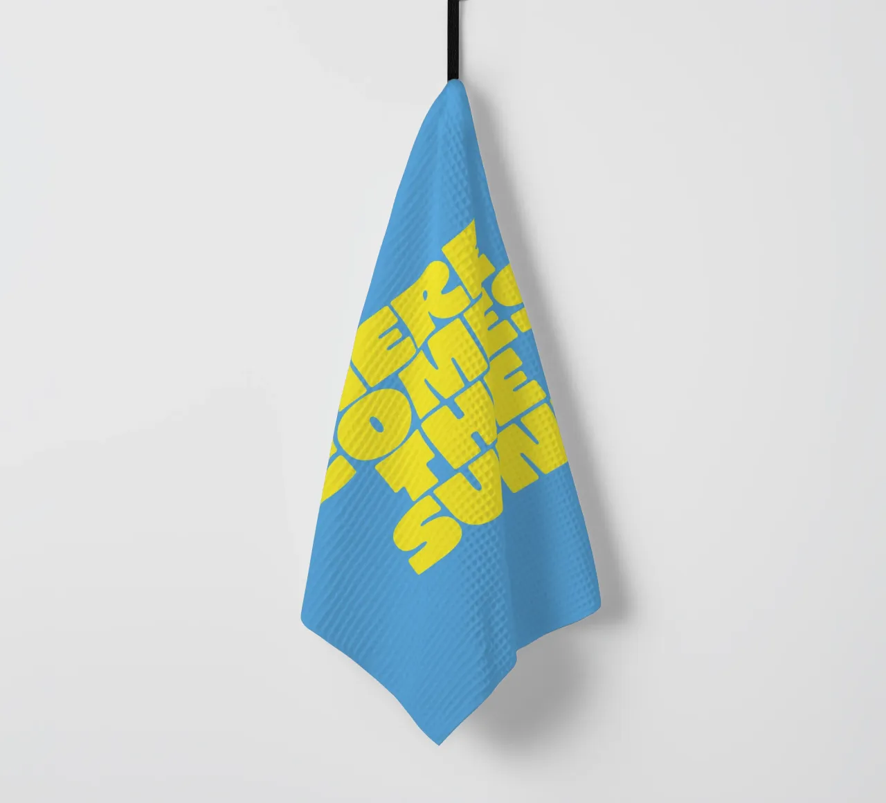 Here Comes the Sun Sky Blue Sunny Yellow Typography Print tea towel by THE MOTIVATED TYPE