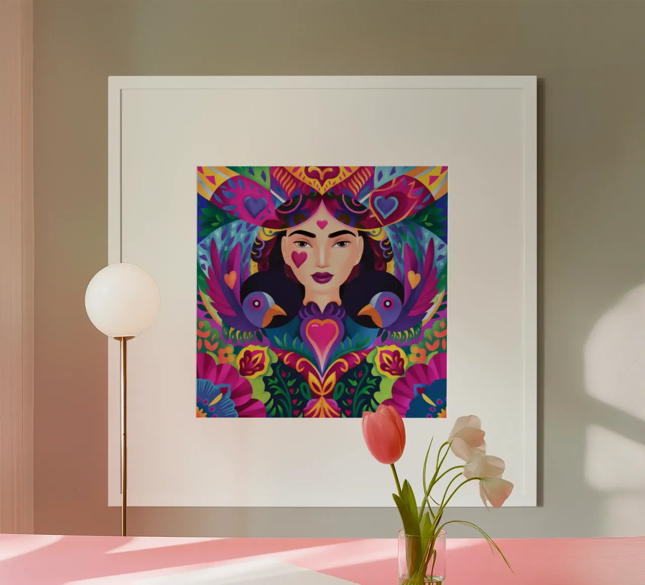 Danza simétrica de los pájaros poster con marco de plástico de Ivory Frame