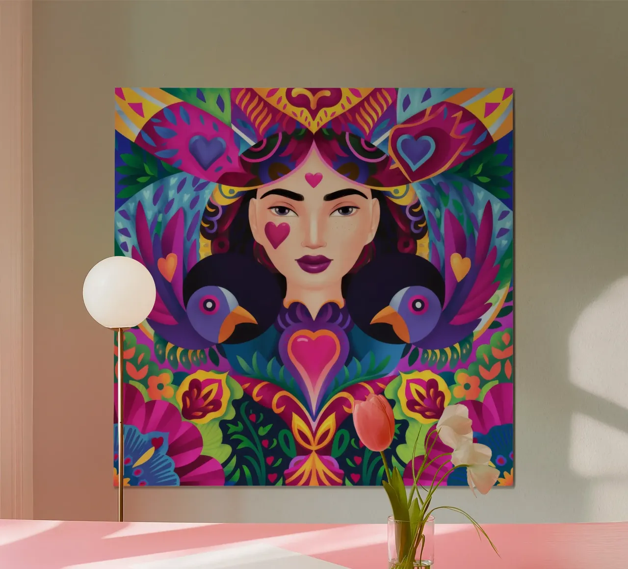 Danza simétrica de los pájaros poster con marco de plástico de Ivory Frame