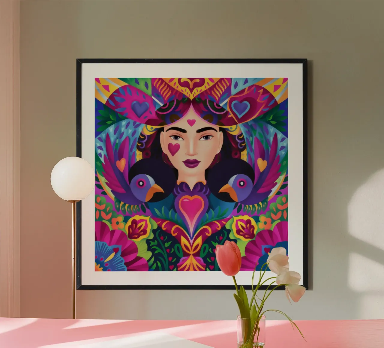 Danza simétrica de los pájaros poster con marco de plástico de Ivory Frame