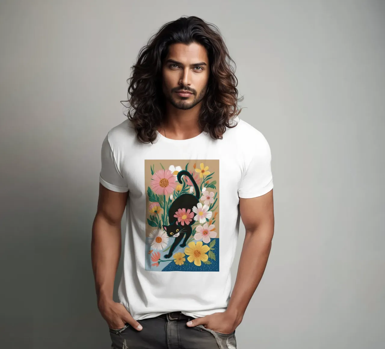 Playful Floral Cat t-shirt by Ivory Frame