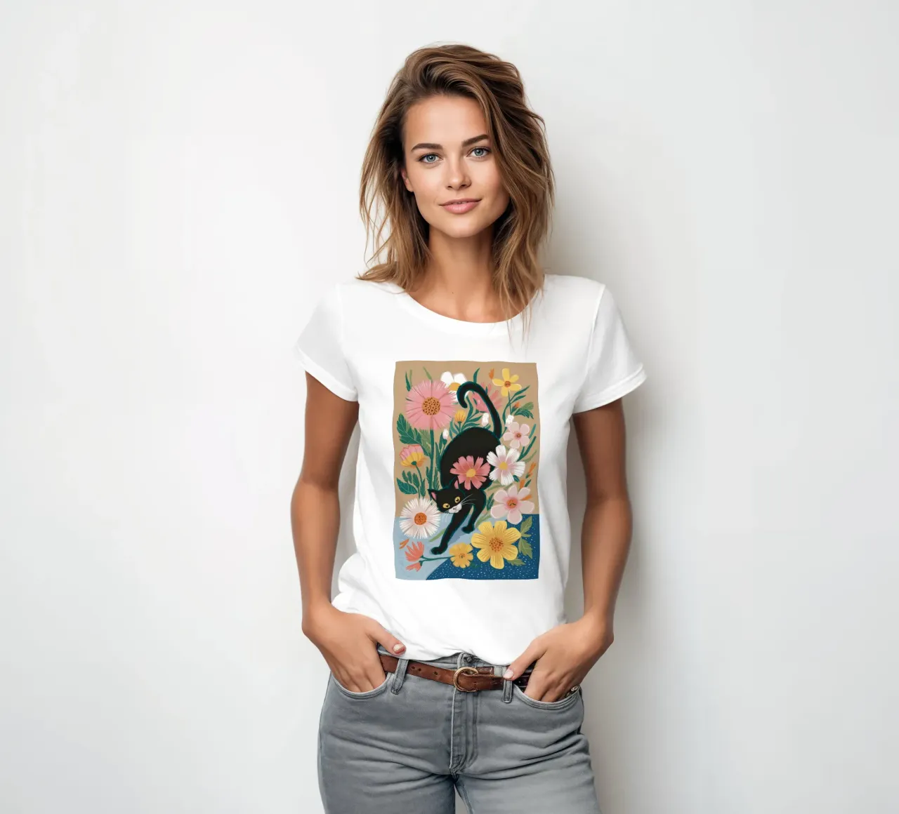 Playful Floral Cat women's fitted t-shirt by Ivory Frame