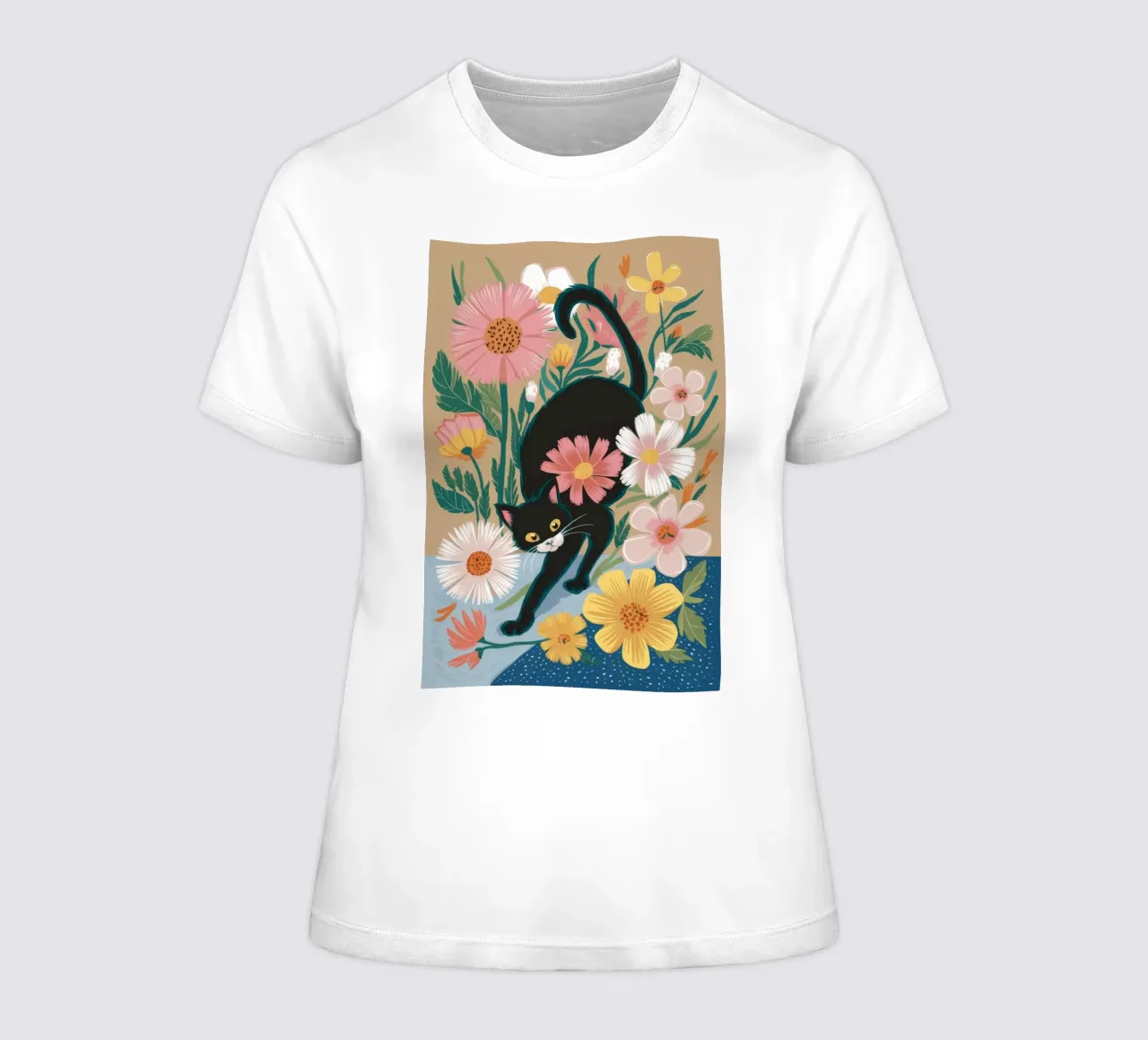 Playful Floral Cat women's fitted t-shirt by Ivory Frame