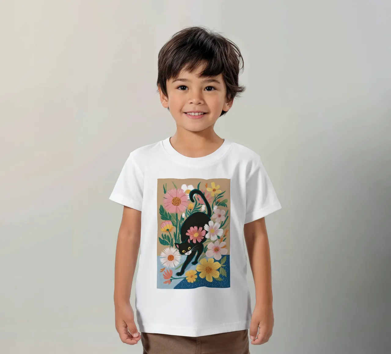 Playful Floral Cat kids t-shirt by Ivory Frame