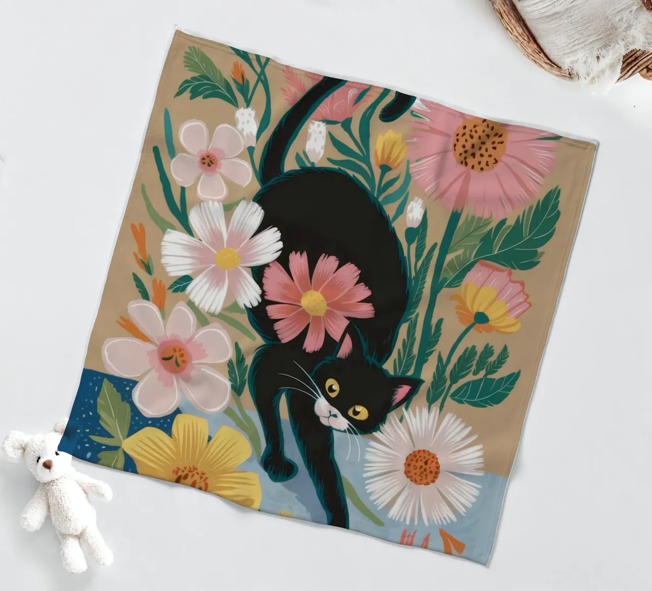 Playful Floral Cat fleece blanket by Ivory Frame