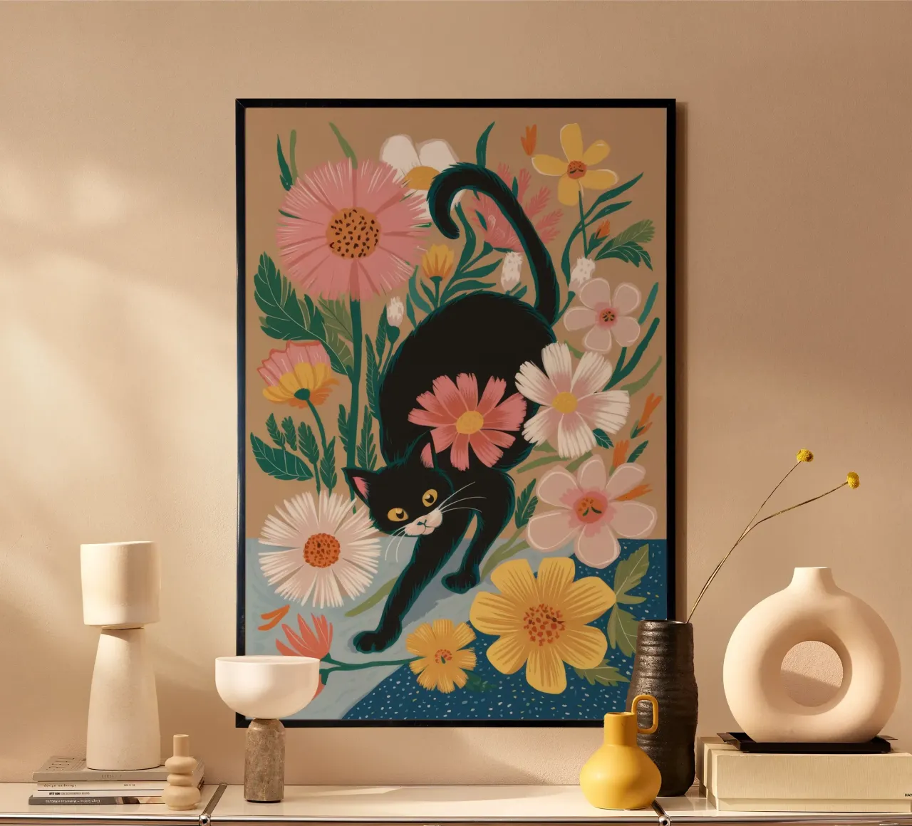 Playful Floral Cat hahnemühle by Ivory Frame