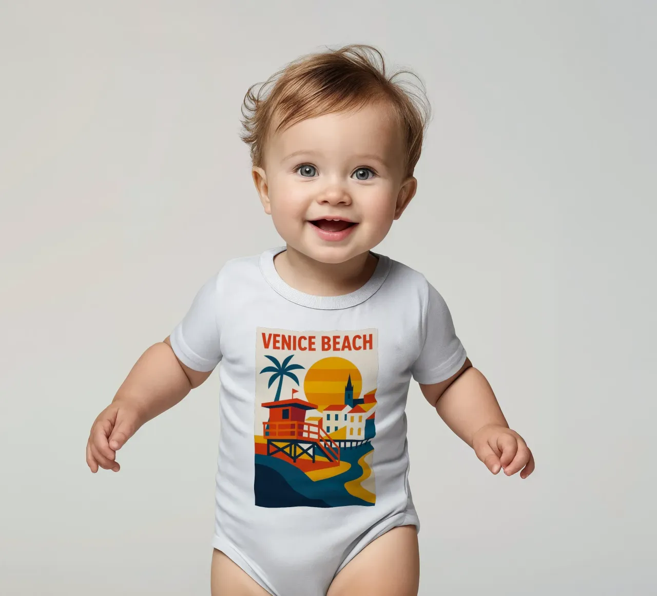 VENICE BEACH - The Californian myth in technicolour short-sleeve baby romper by JETLAG | affiches voyage