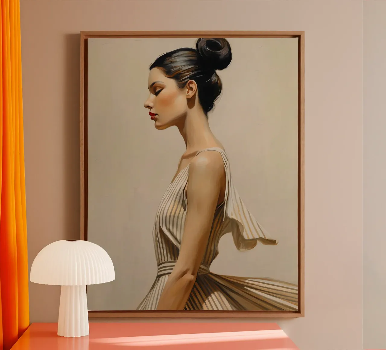 Retrato mujer elegante con vestido de colores suaves naturales lienzo con Marco flotante de Take Your Art BV